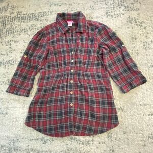 Shes Cool Women M Red Black Plaid Empire Smocked Waist Flannel Roll Tab Shirt To